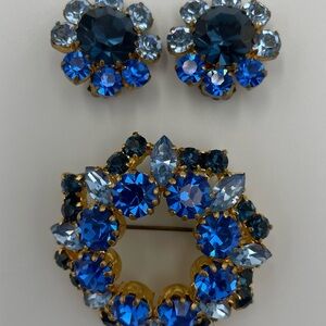 Vintage Signed Made in Austria Shades Of Blue Brooch & Clip-On Earrings Set